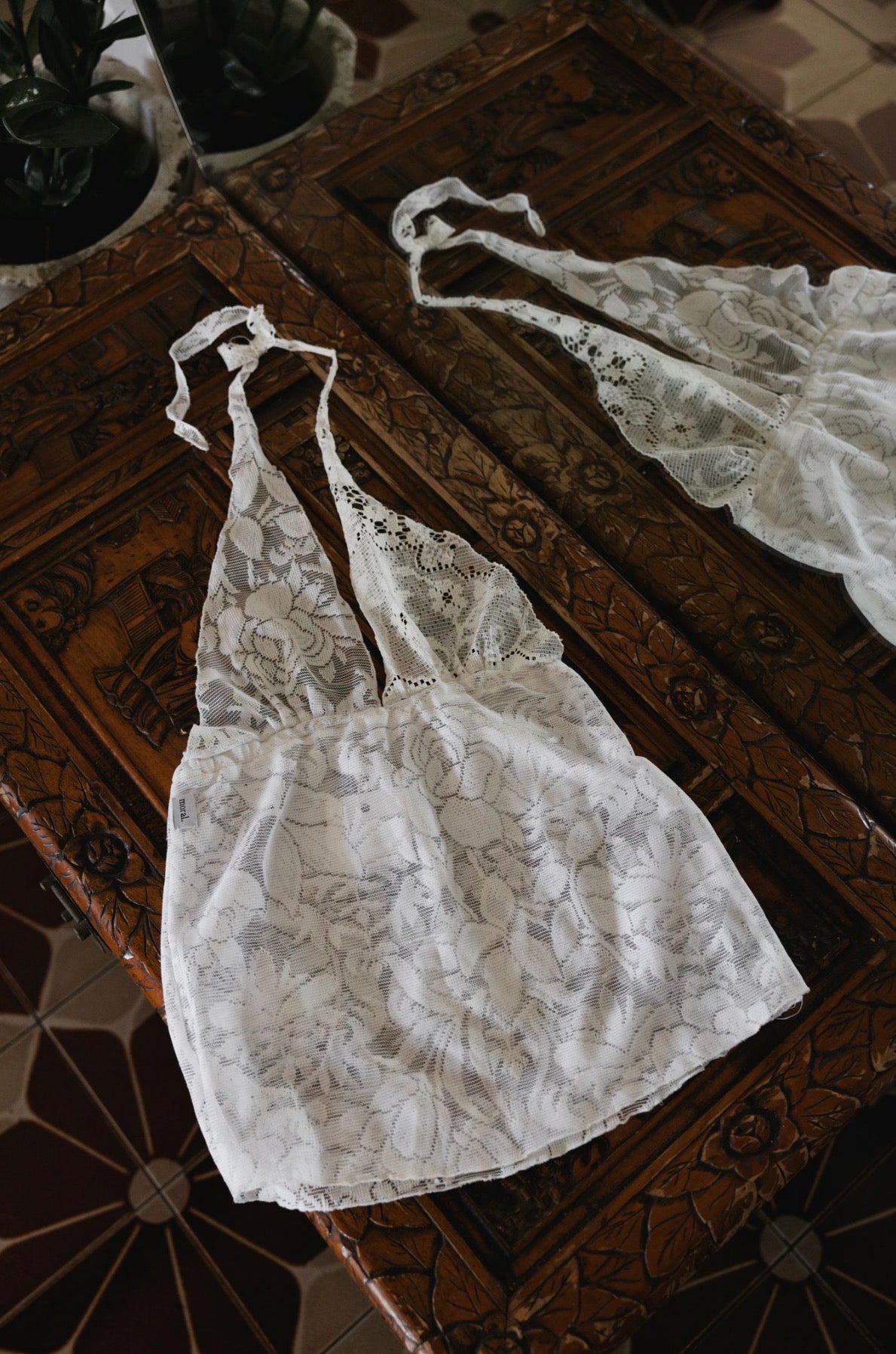 Lace lingerie set on a wooden surface