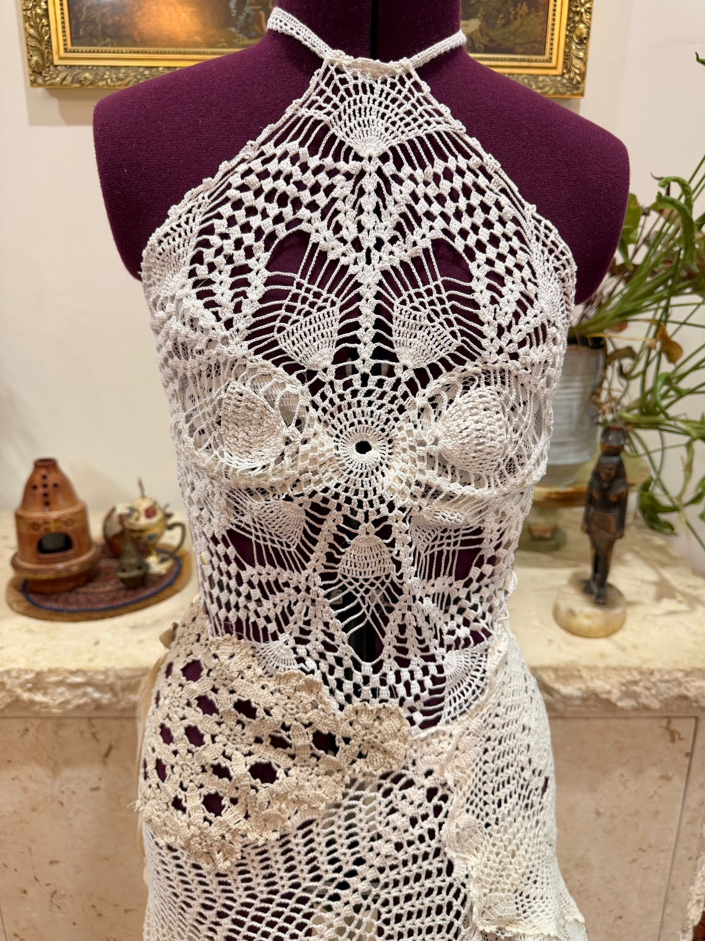 multi crochet midi dress.