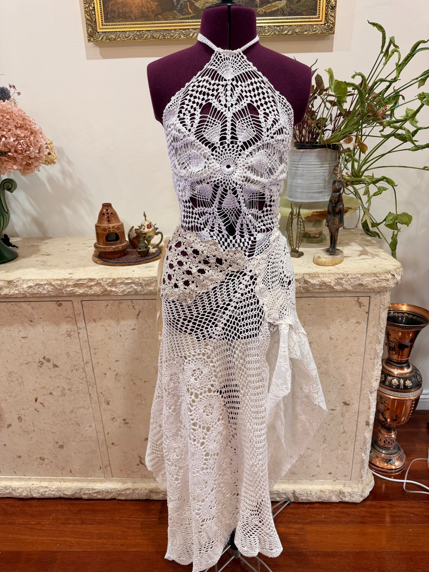 multi crochet midi dress.