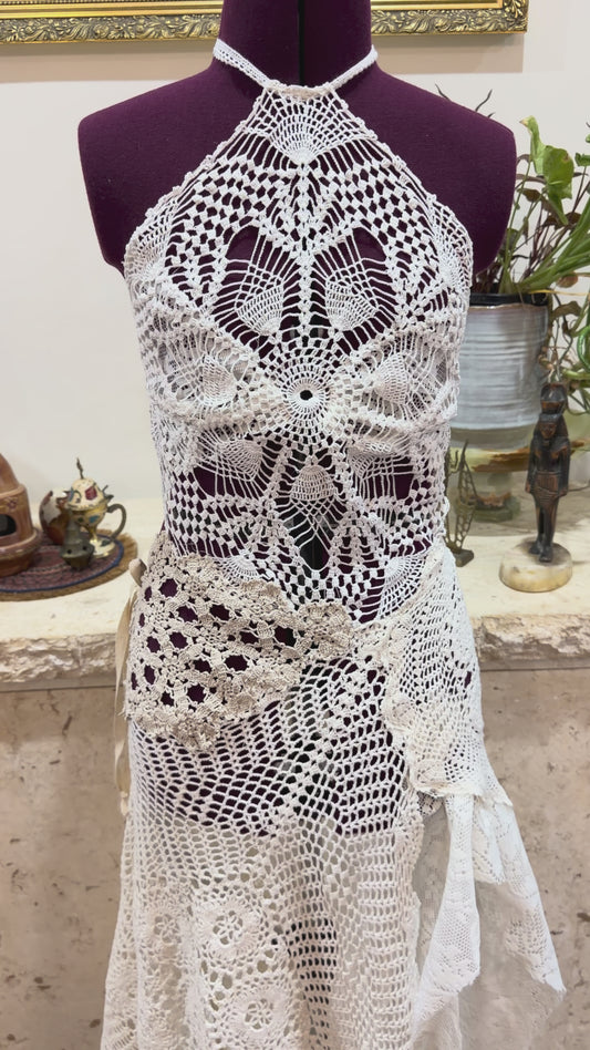 multi crochet midi dress.